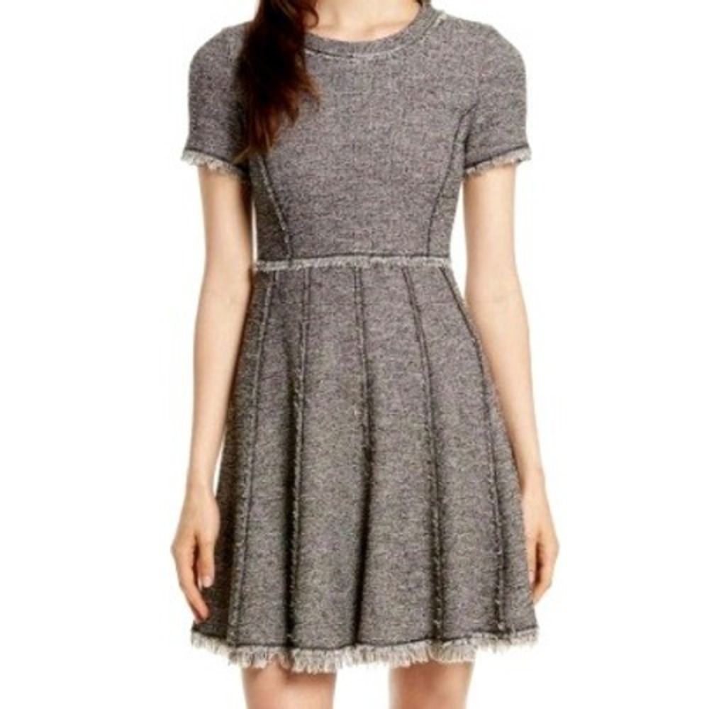 REBECCA‎ TAYLOR Women's 10 Black White Tweed Fringe Fit Flare Short Sleeve Dress